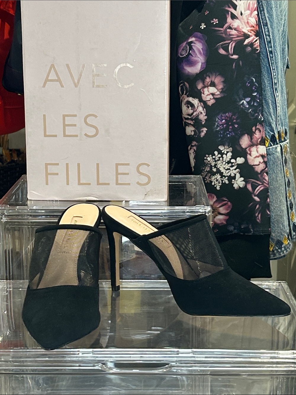 Avec Les Filles Joelle Black Pointed Mesh Mule Heels with Stiletto 4” Sz 6.5 NIB